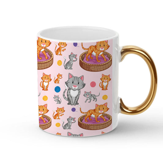 Chillaao smiley face cat  pattern golden handle mug