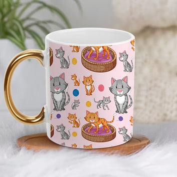 Chillaao smiley face cat  pattern golden handle mug