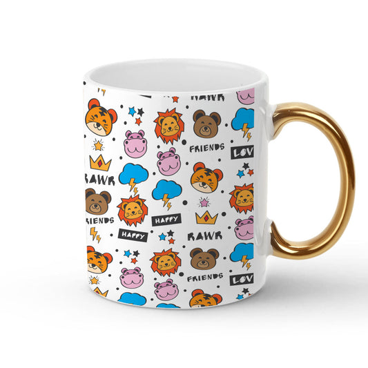 Chillaao happy friends animal pattern golden handle mug