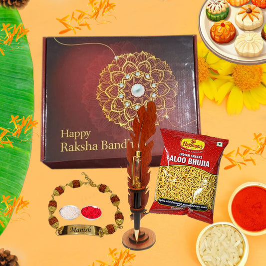 Chillaao Raksha Bandhan Mdf Leaf Pen Stand & Salty Aloo Bhujia Combo Hamper
