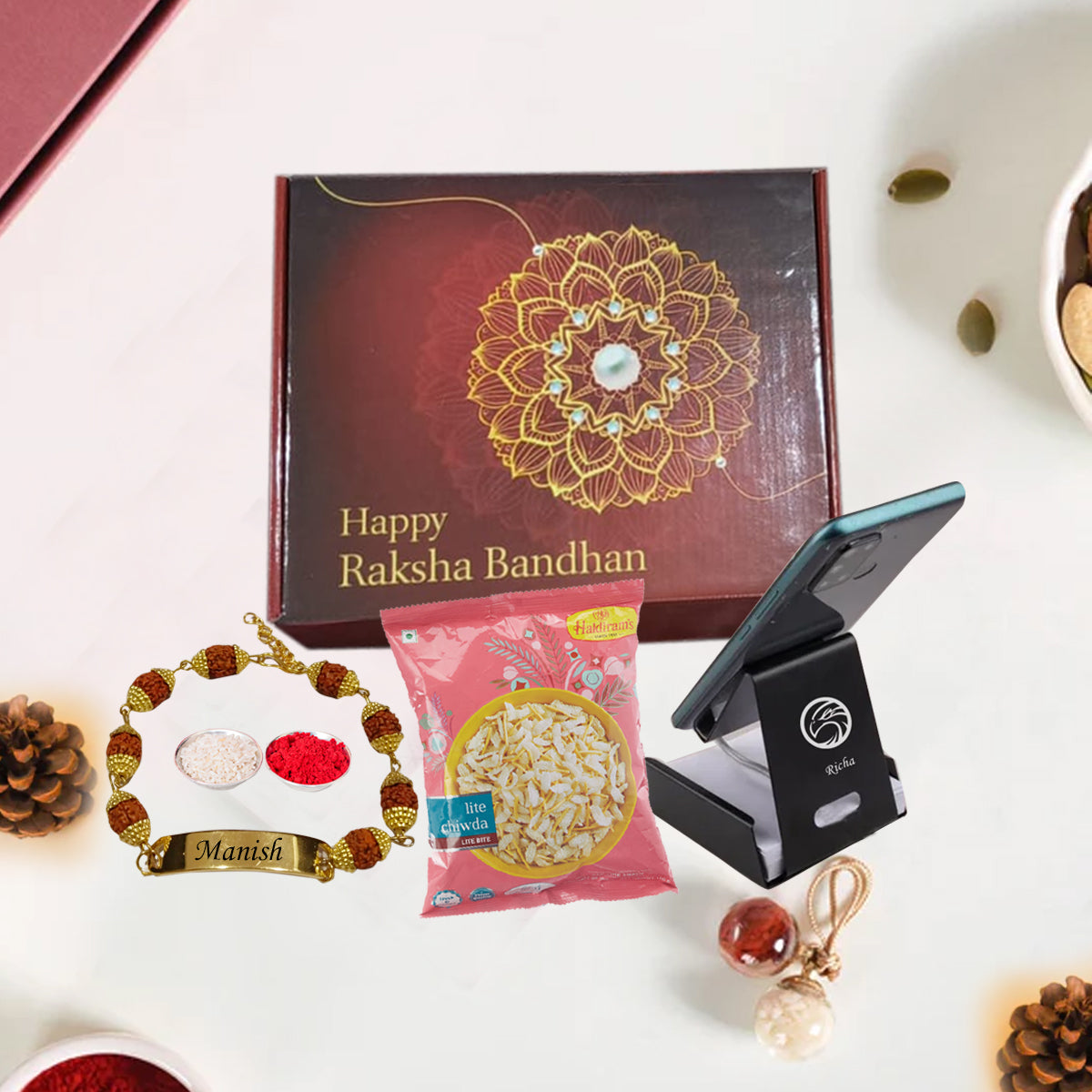 Chillaao Raksha Bandhan Metal Mobile Stand & Salty Chivda Combo Hamper