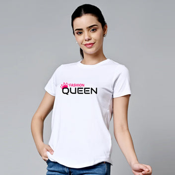 Chillaao Fashion Queen White Round Neck T- Shirt